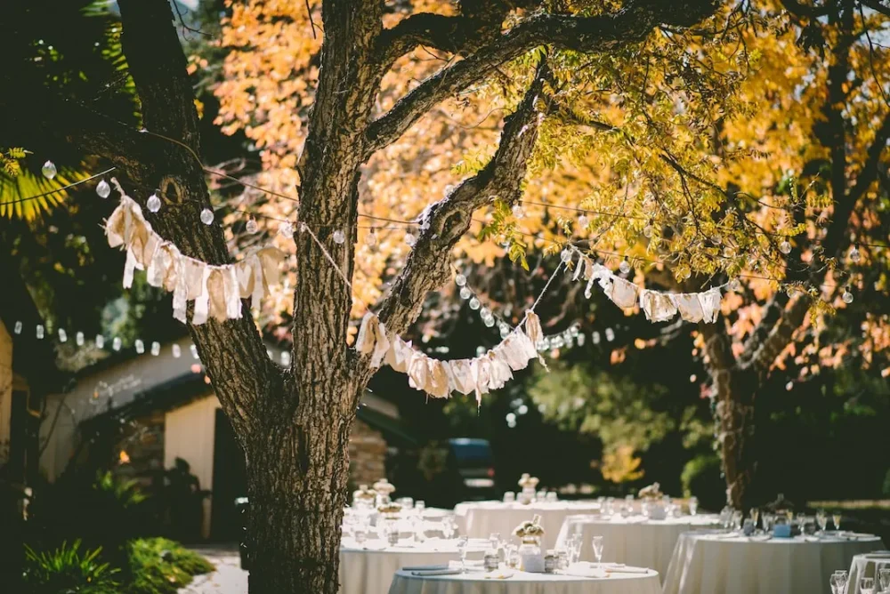 A backyard event with tables and decorations set up that used party rental services.